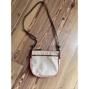 FOSSIL Sydney Brown Pink Polka Dot Crossbody Purse Coated Canvas Leather Trim